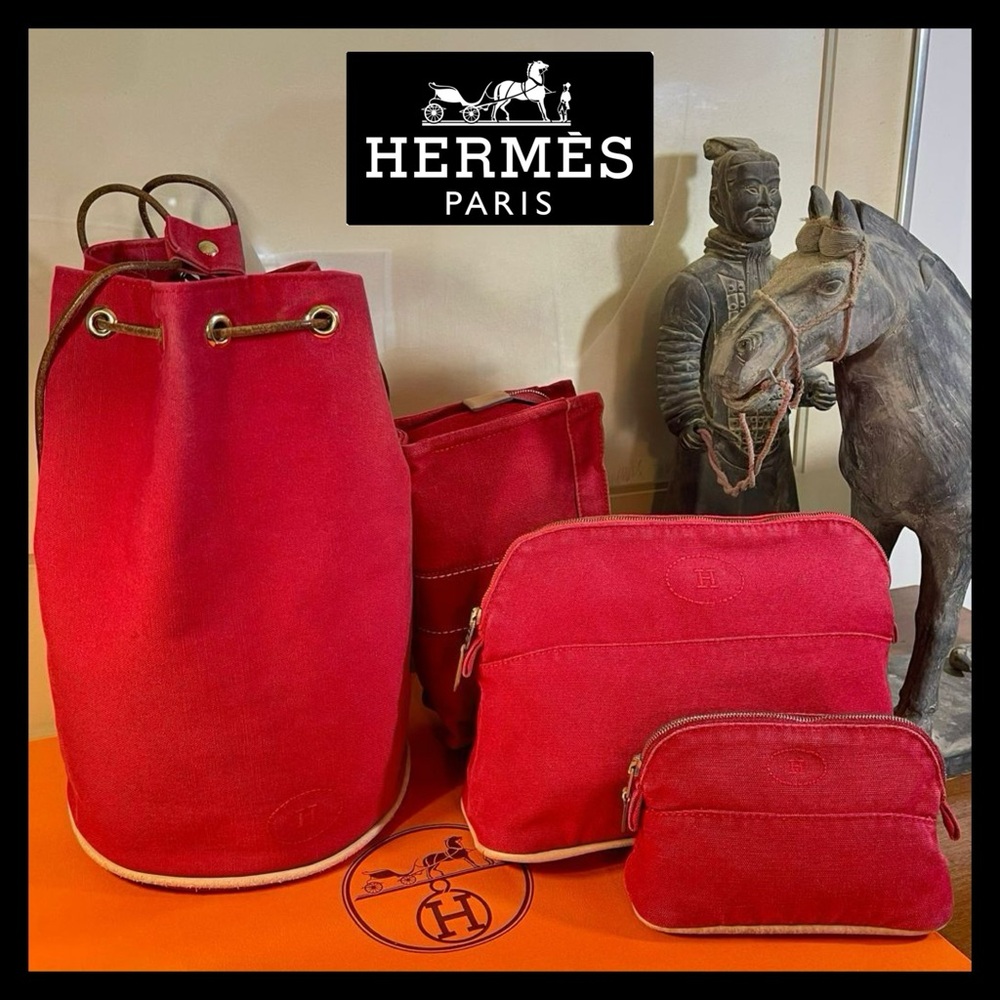 Hermes Polochon Mimile Drawstring Backpack & Bolide Pouches. 4 Piece Set